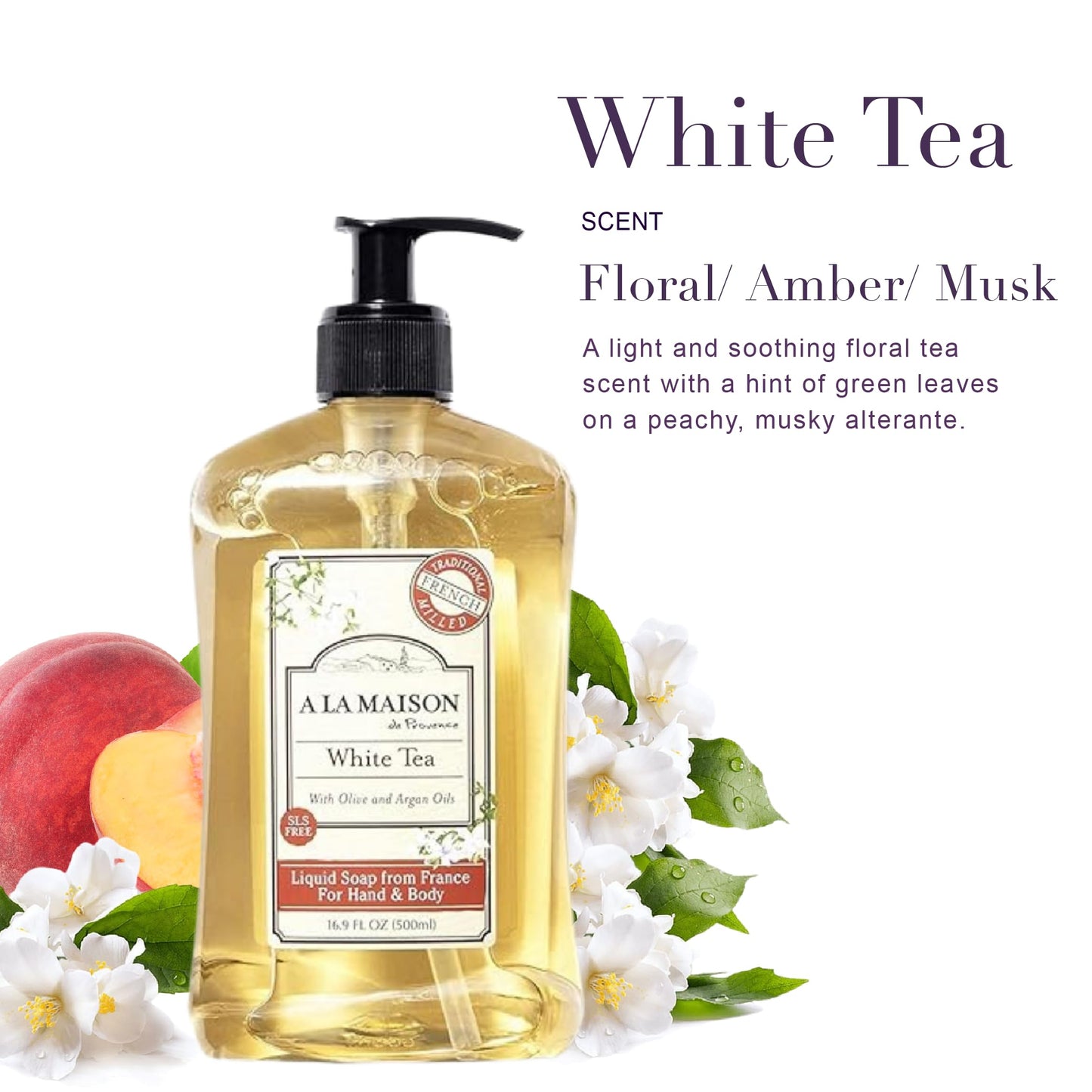 A LA MAISON French Liquid Hand Soap, White Tea - Natural Hand Wash Made with Essential Oils - Biodegradable, Plant-Based, Vegan, Cruelty-Free, Alcohol & Paraben Free (16.9 oz, 3 Pack)