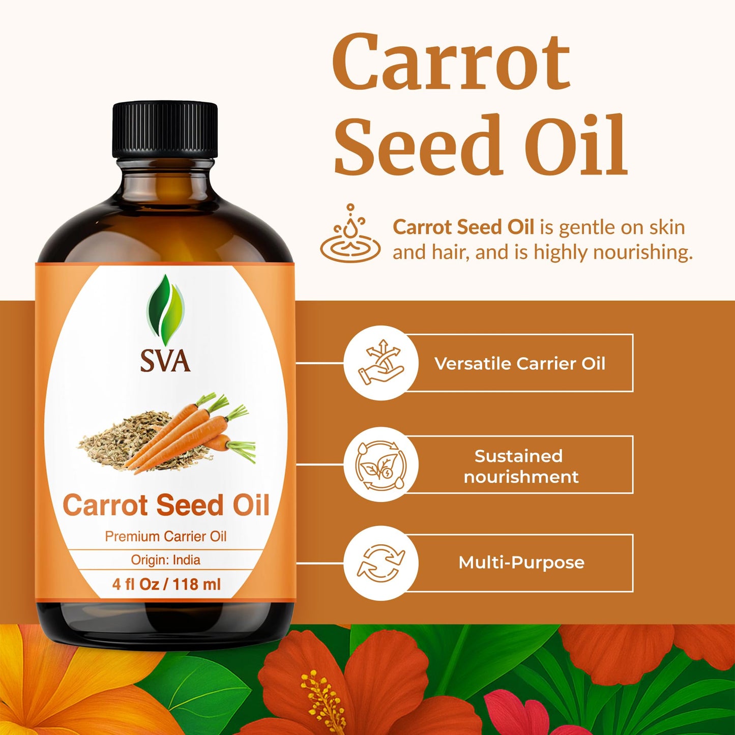 SVA Carrot Seed Oil - 4 Fl Oz - for Face, Skin Care, Hair Care, Scalp Massage & Body Massage – Carrier Oil with Dropper