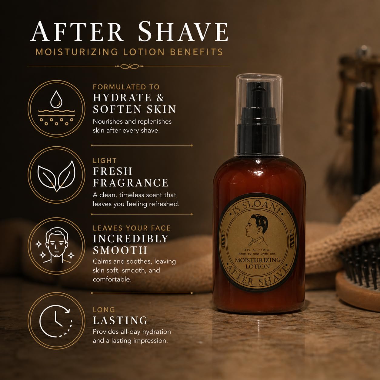 JS Sloane After Shave Moisturizing Lotion for Men – Hydrating Post Shave Balm, Soothes Irritation & Razor Burn, Lightweight Non-Greasy Formula, Classic Fresh Scent – 4 oz