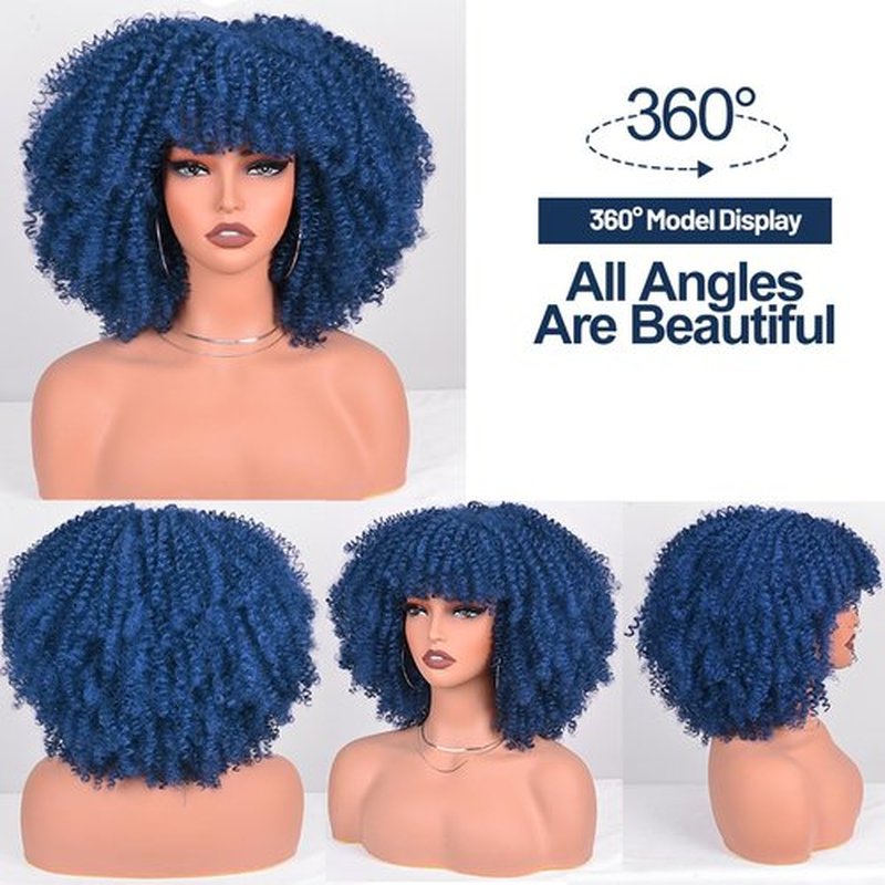 Vitorish Afro Curly Wigs for Black Women Afro Bomb Kinky Curly Wig with Bangs 12 Inches about 280g Fluffy and Soft Glueless Synthetic Hair Wig (Dark Blue)