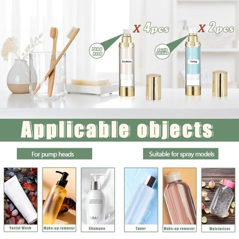 6Pcs 1.7oz/50ml Airless Pump Bottle Dispenser, Clear Empty Shampoo Bottles, Travel Lotion Container with Labels for Foundations Cream Serums Shampoo (Gold)