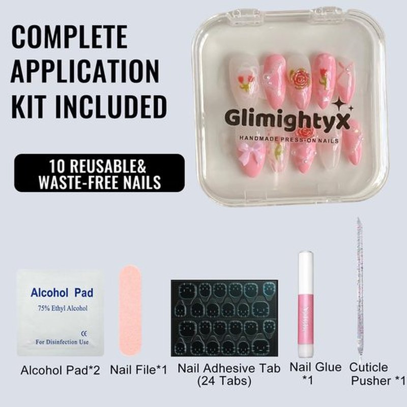 Handmade Press On Nails Short Almond,GlimightyX Thick Soft Gel UV Cured Pink Press On Nails Reusable,Flowers Pearl Bow Glue on Nails Kit,10 Nails Size XS,Fairy Garden