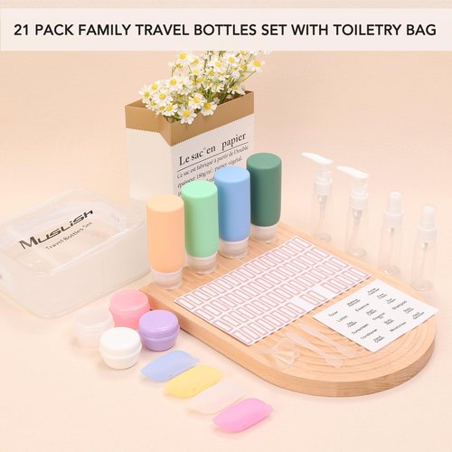Muslish 21 Pack Travel Bottles for Toiletries, Leak-Proof TSA Compliant Silicone Travel Size Containers for Shampoo and Conditioner, BPA Free with Toiletry Bag (Green)