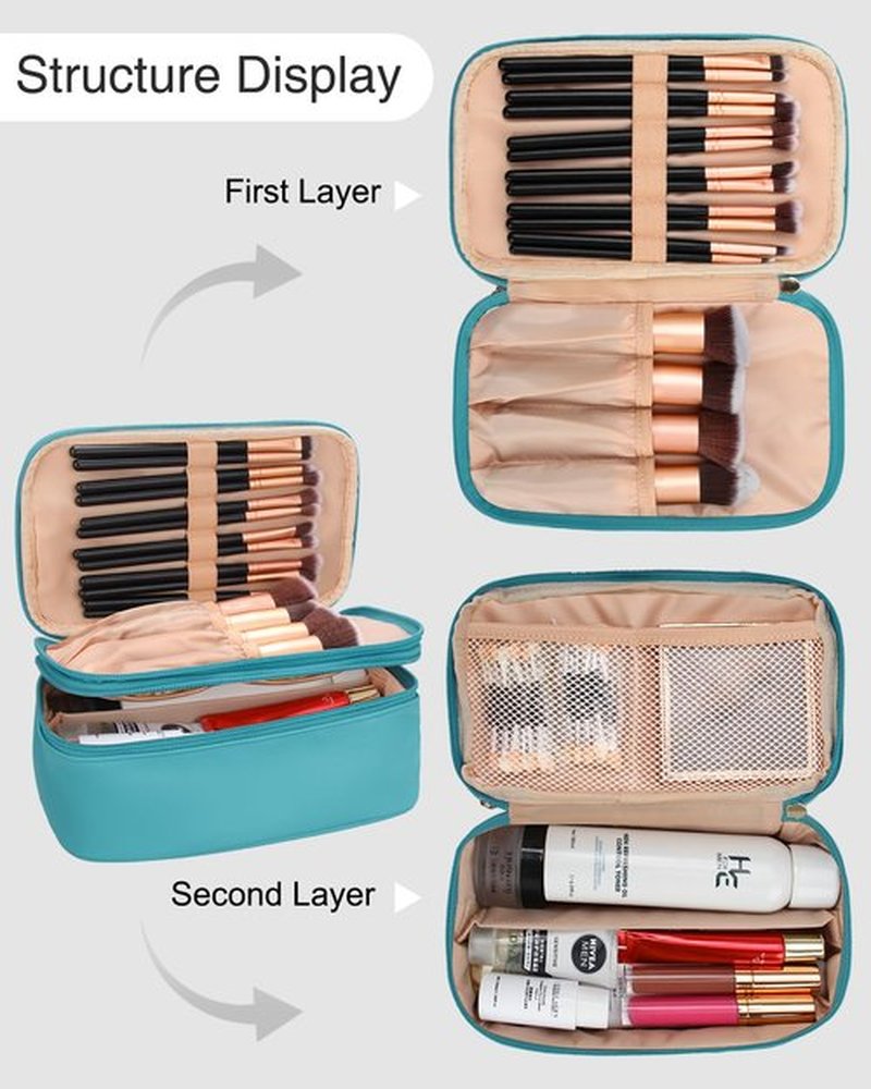 Relavel Travel Makeup Bag, Compact Cosmetic Bag for Women, Waterproof Makeup Brush Holder Organizer with Adjustable Dividers (Blue)