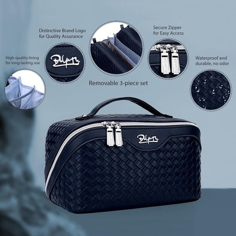 Makeup Bag Travel Cosmetic Case: Large Capacity Woven Cosmetic Bag Organizer - Portable Toiletry Bags with Handle for Women 1-Z-Dark Blue