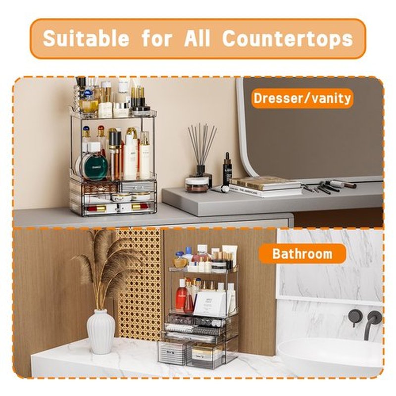 Yieach 3 Pack Clear Bathroom Counter Organizer With Drawers - Stackable Design,19.1" Tall Large Capacity - Suitable as Makeup Organizer,Vanity Skin Care Organizer,Dresser Top Organizer for Bedroom