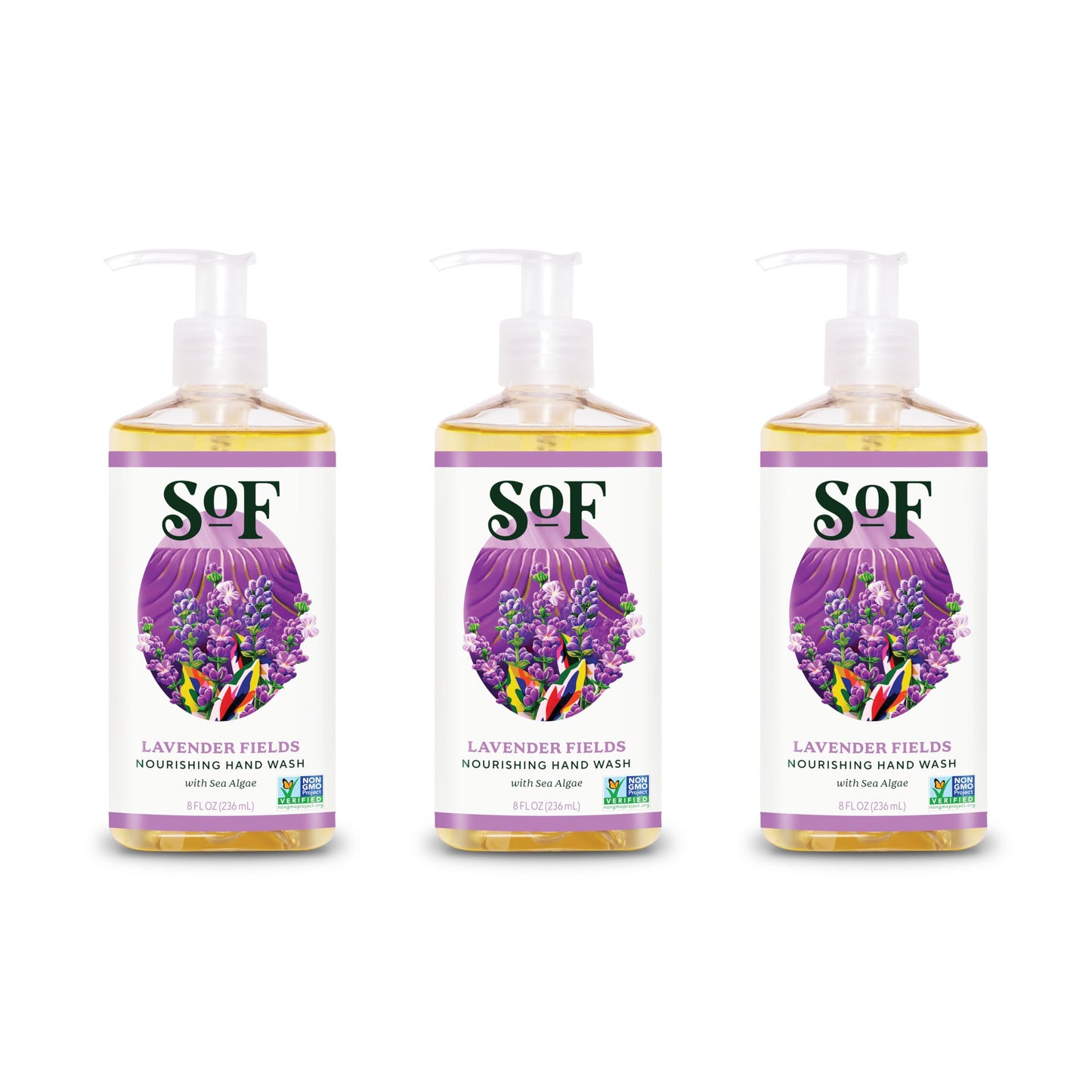 South Of France SoF Nourishing Hand Wash - With Moisturizing Sea Algae, Coconut & Olive Oil- Vegan & Non GMO- Free From Phthalates, Sulfates & Parabens- Lavender Fields - 8 oz Bottle 3 Pack