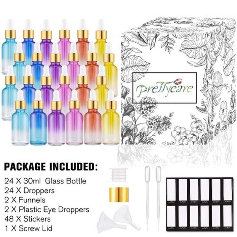 PrettyCare Eye Dropper Bottles 1oz (Rainbow Colored Glass Bottle 24 Pack 30ml with Golden Caps, 48 Labels, Funnel & Measured Pipettes) Empty Tincture Bottles for Essential Oils, Perfume