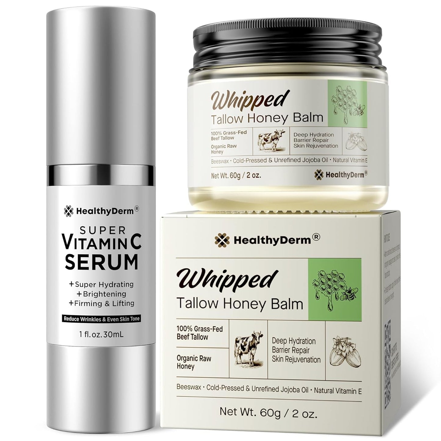 Super Vitamin C with Beef Tallow Honey Balm for Skin Duo – with Peptides & Niacinamide for Face Wrinkles, Lifting, & Age Spots | Complete Anti-Aging Skincare Set for Restoring Radiance to Mature Skin