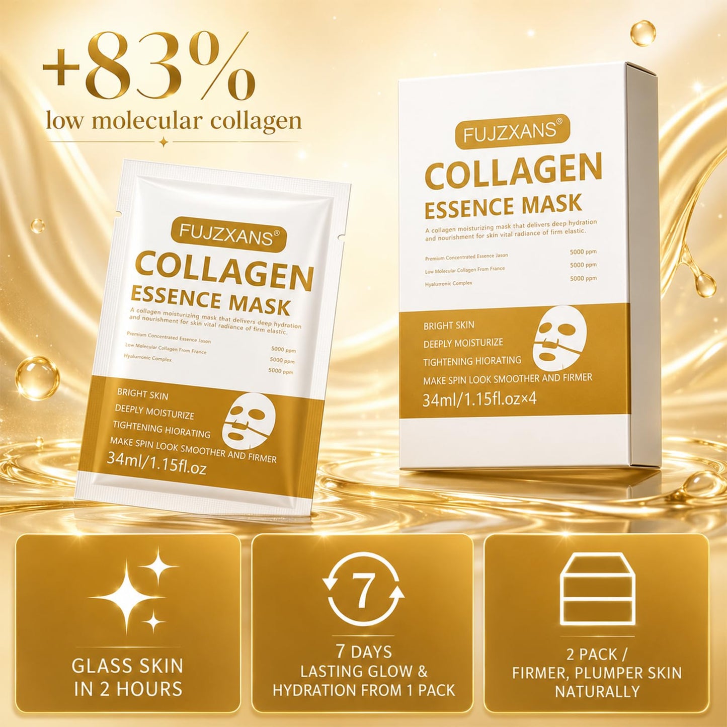 FUJZXANS Bio-Collagen Real Deep Mask, 8 Count, Overnight Hydrogel Face Mask