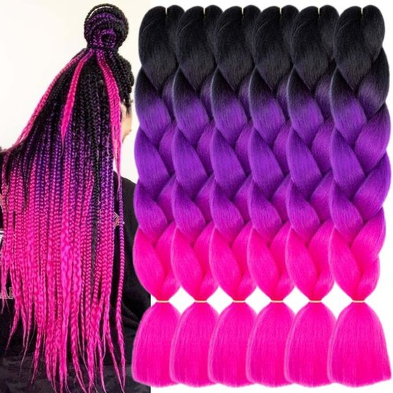 TENGSHUO FLY Black to Purple to Rose Red Braiding Hair 6 Packs Synthetic Braid Hair Extensions Jumbo Ombre Braiding Hair 24" or Box Braids Twist Crochet Braids(24"6Pack,Black to Purple to Rose Red)