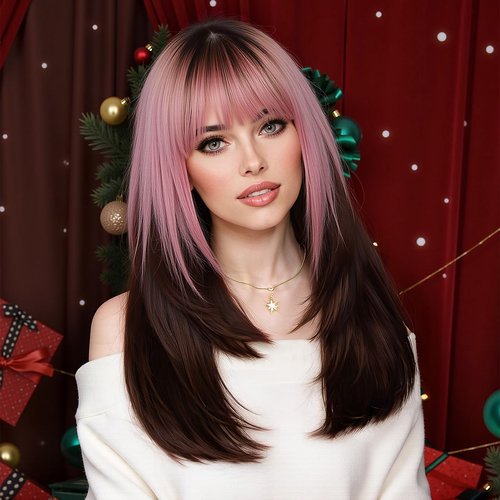 testar Ombre Pink Black Wigs For Black Women Long Pink Black Straight Wigs with Bangs Cosplay Colorful Wigs Synthetic Layered Hair Wigs For Daily Party/Halloween Use 24 Inch