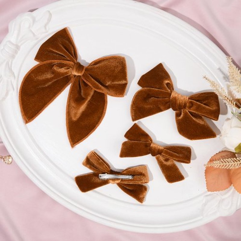 DEEKA 4 PCS Orange Brown Velvet Hair Bows 3 Styles 5" & 4" Handmade Hair Bow set for Toddler Girls Alligator Hair Clips Knot Bows Hair Accessories for Little School Girls (Orange Brown)