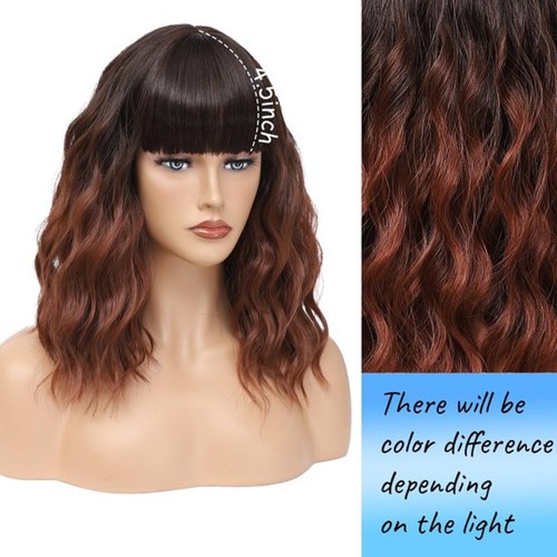 Short Wavy Auburn Wig with Bangs 14inch Ombre Auburn Wigs for Women Short Curly Bob Wigs Synthetic Natural Looking Hair Replacement Wigs Costume Cosplay Halloween Wig(14'' Ombre Auburn)