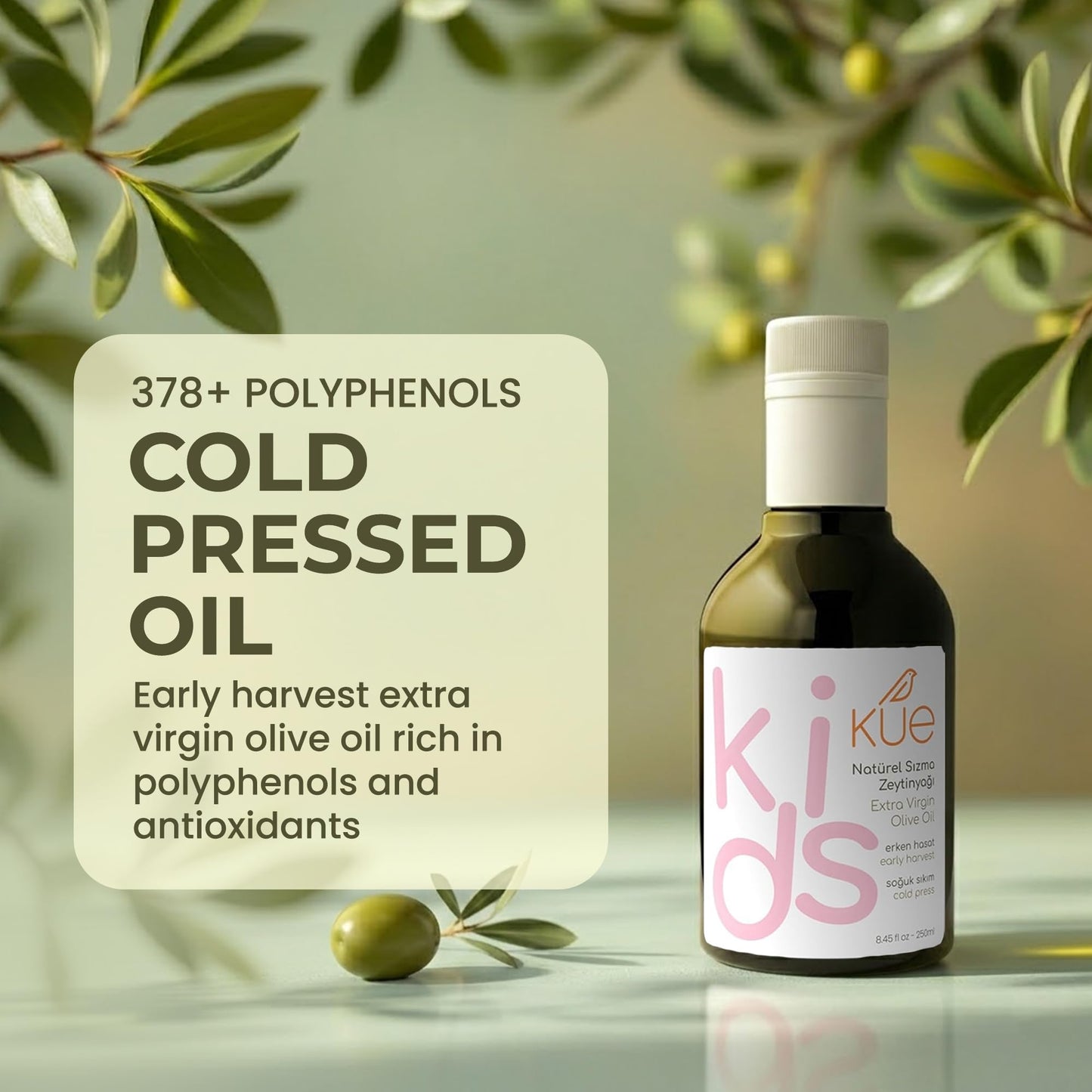 Kue Kids Extra Virgin Olive Oil, 8.45 fl oz - Cold Pressed Early Harvest EVOO, High Polyphenol Olive Oil for Kids & Baby Food, 14kg Olives Per Liter, 0.2% Acidity, Pure Olive Oil (250 ml)