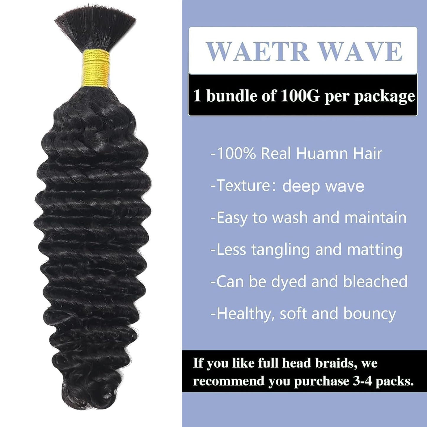 Deep Wave Bulk Human Hair For Braiding No Weft (1 Pack-1 Bundles-50g) Unprocessed Brazilian Virgin Human Hair Bulk for Micro Braids Deep Bulk Human Hair Braids (1B-Deep Wave Bulk, 50g-24 Inch)