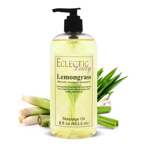 All Natural Lemongrass Massage Oil - Eclectic Lady 8 oz. 100% Natural Ingredients with Sweet Almond & Jojoba Oil, Relaxing Scent for Men & Women