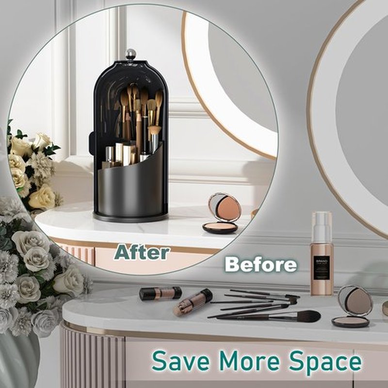GAXmi Makeup Brush Holder with Lid Cosmetic Tools Organizer 360 Rotating Waterproof Dustproof Makeup Brushes Storage for Vanity, Dark Black