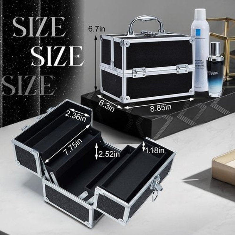 FRENESSA Makeup Organizer Case Portable Train Case Cosmetic Box 4 Trays Makeup Storage Case with Lockable for Women Makeup Artist, Makeup Tools, Nail Kits Makeup Travel Case Black