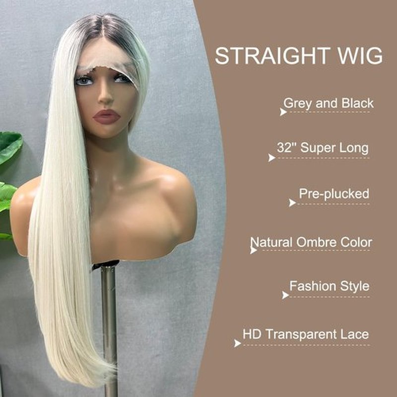 SOKU White Grey Lace Front Wigs with Black Roots 32 Inch Long Straight Ombre Grey Lace Frontal Wigs Pre Plucked Middle Part HD Transparent Lace Silky Straight Synthetic Wigs for Women Girls