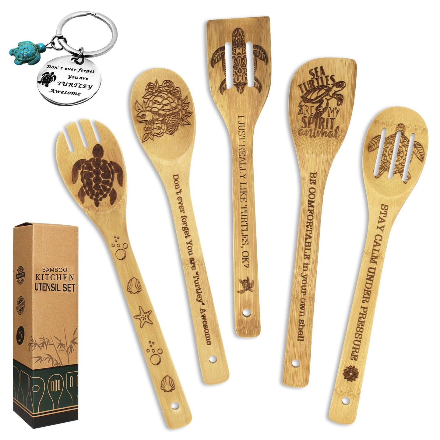 Sea Turtle Gifts for Women 6PCS Unique Sea Turtle Print Bamboo Spoons Gifts Set with Keychain Sea Turtle Decor Kitchen Gifts for Mom Bestie Teacher