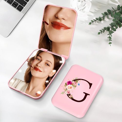 KEWWADB Travel Mirror with Lights, Initials Portable Compact Mirror, Travel Essentials, Suitable for Teen Girls, Young Women Gifts Ideas, Birthdays Gifts(Pink) (G)