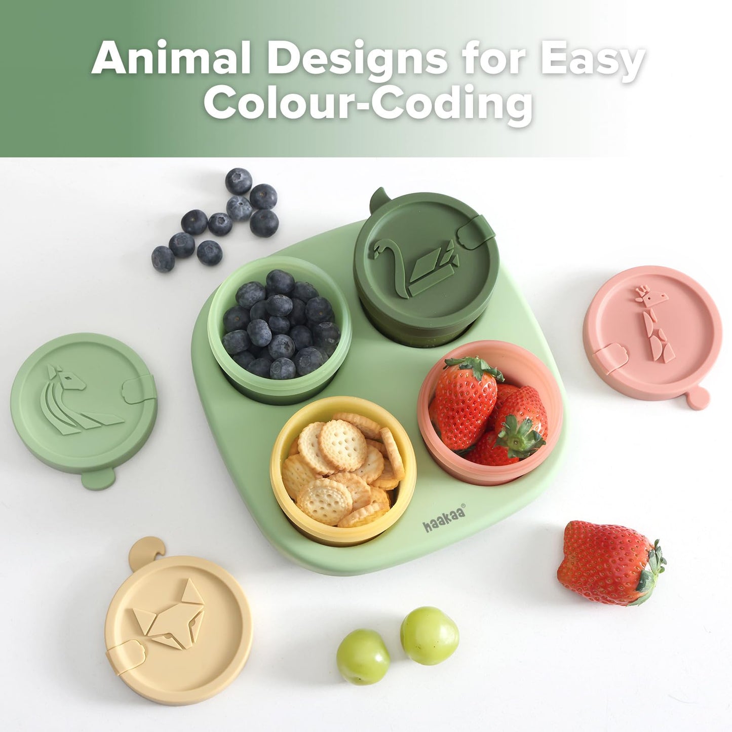 Haakaa Silicone Baby Food Containers, 4oz/120ml Baby Food Jars with Leakproof Animal Lids and Tray, Freezer-Safe Storage for Homemade Purees, Snacks & Meal Prep, 4 Pack, Spring Green Tray