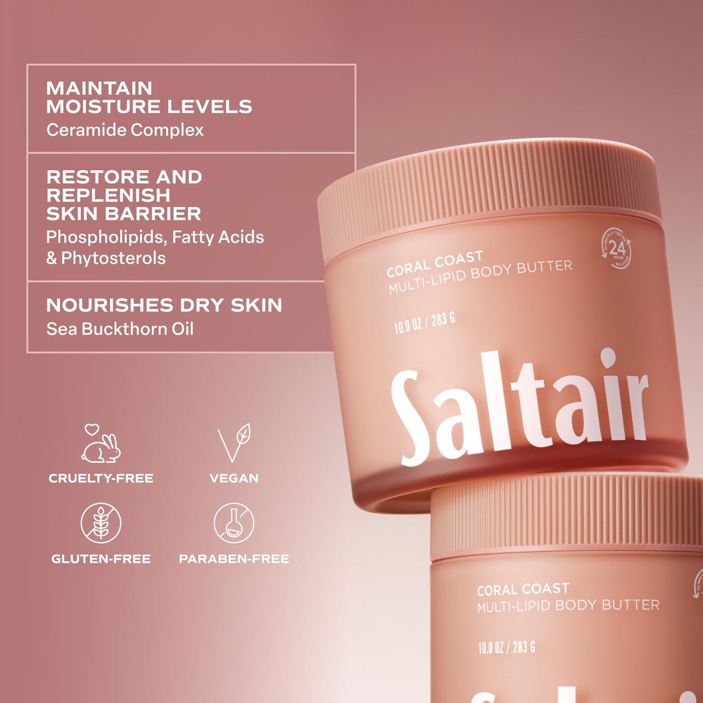 Saltair Multi-Lipid Body Butter - Rich, Nourishing Hydrating Body Cream with Ceramide Complex, Coconut Oil, Shea Butter, and Sea Buckthorn. Moisturizing Dry Skin Care. 10oz Jar - Salt Water Vanilla