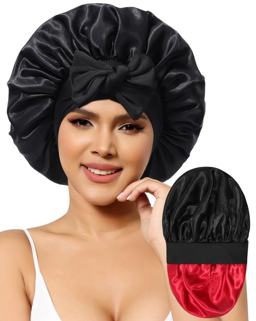 Satin Bonnet for Women Silk Bonnets for Sleeping Curly Hair Bonnet with Elastic Tie Band Reversible Double Layer Sleep Cap Hair Wrap (Black + Red)