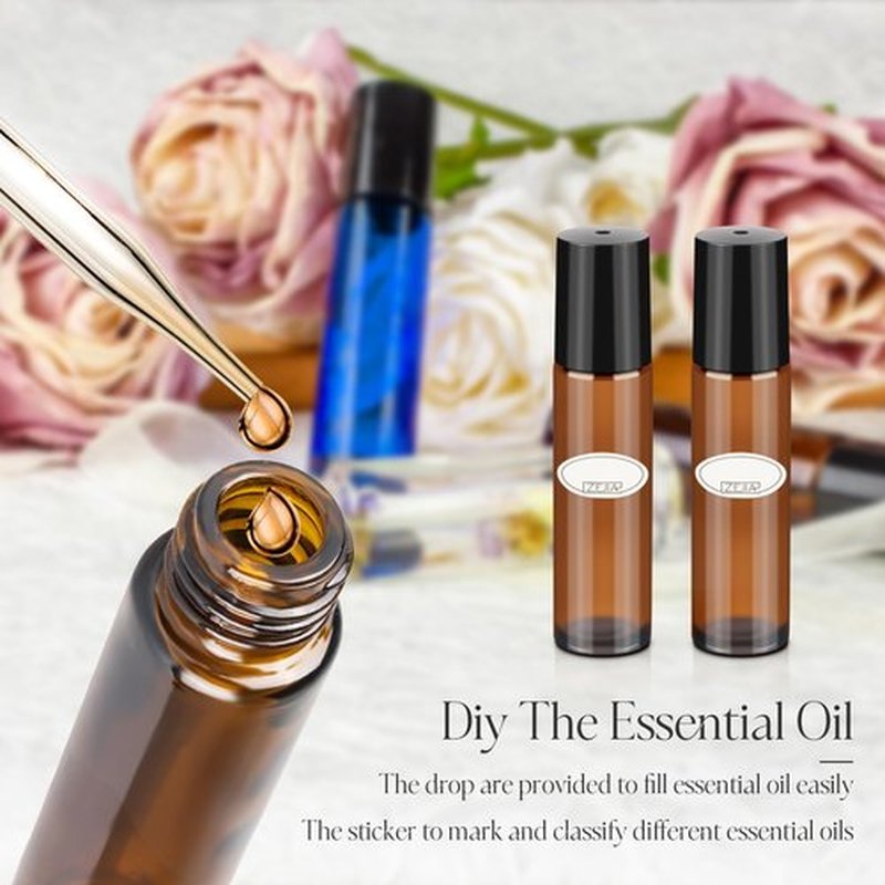 ZEJIA 10ml roller bottles for essential oils, 24 Pack Roll on Bottles, Amber Thick Glass Roller Bottles for Oils, with Stainless Steel Roller Balls, 2 Droppers