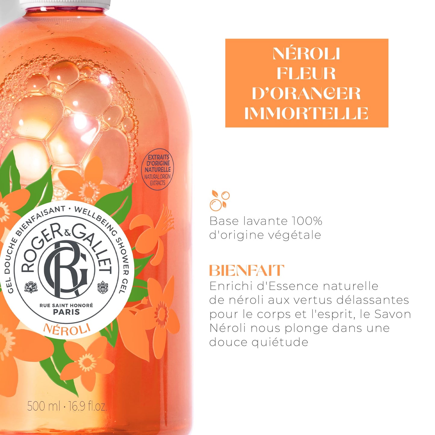 ROGER & GALLET Wellbeing Shower Gel – Plant-Based Hydrating Body Wash with Aloe Vera, Gentle Foaming Cleanser for Soft Skin (Neroli | 16.9 Oz)
