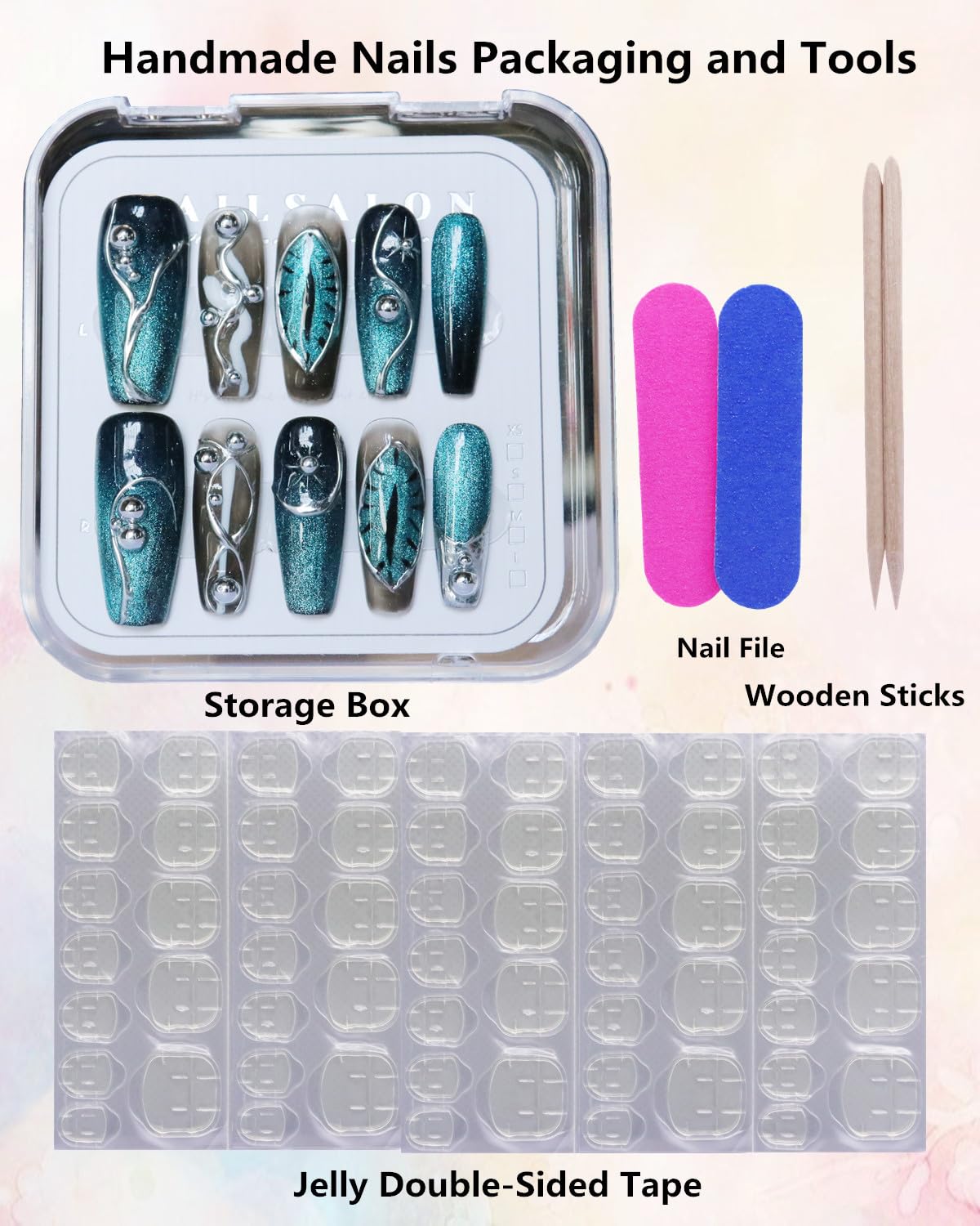 CAMILCY Press on Nails Handmade Nails Luxury Reusable Fake Nails For Girls Long Coffin Armor Blue Silver Diamond Hand Painted Salon Loveful DesignAcrylic Gel UV Finished For Women 3D Nails 10PCS L