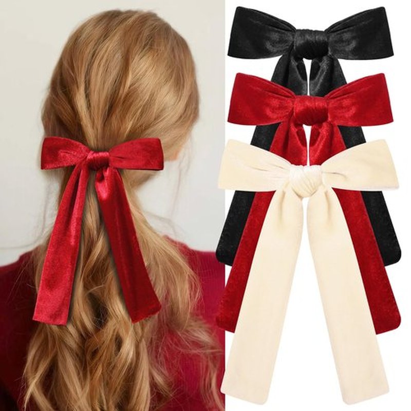 CEELGON 3 PCS Long Tail Velvet Hair Bows Hair Bow Set for Toddler Girls Long Ponytail Knot Bows Alligator Clip Hair Accessories for Girls and Women (Beige, Red, Black)