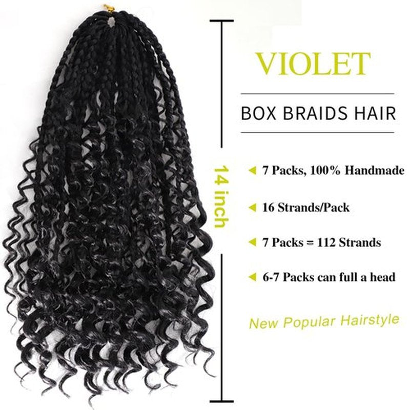 VIOLET 14 Inch Box Braids Crochet Hair 7 Packs Goddess Braiding Hair with Curly Ends Prelooped Synthetic Crochet Hair for Black Women(14 Inch, 7Packs, 1B)
