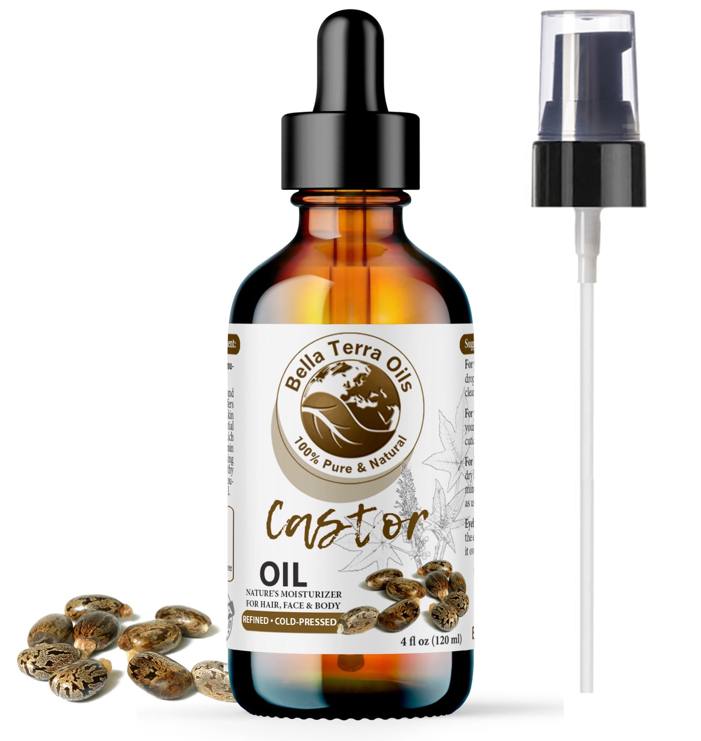 Bella Terra Oils - Natural Castor Oil 2oz Glass Bottle - Pure & Cold-Pressed, Rich in Stearic Acid for Skin & Hair Care