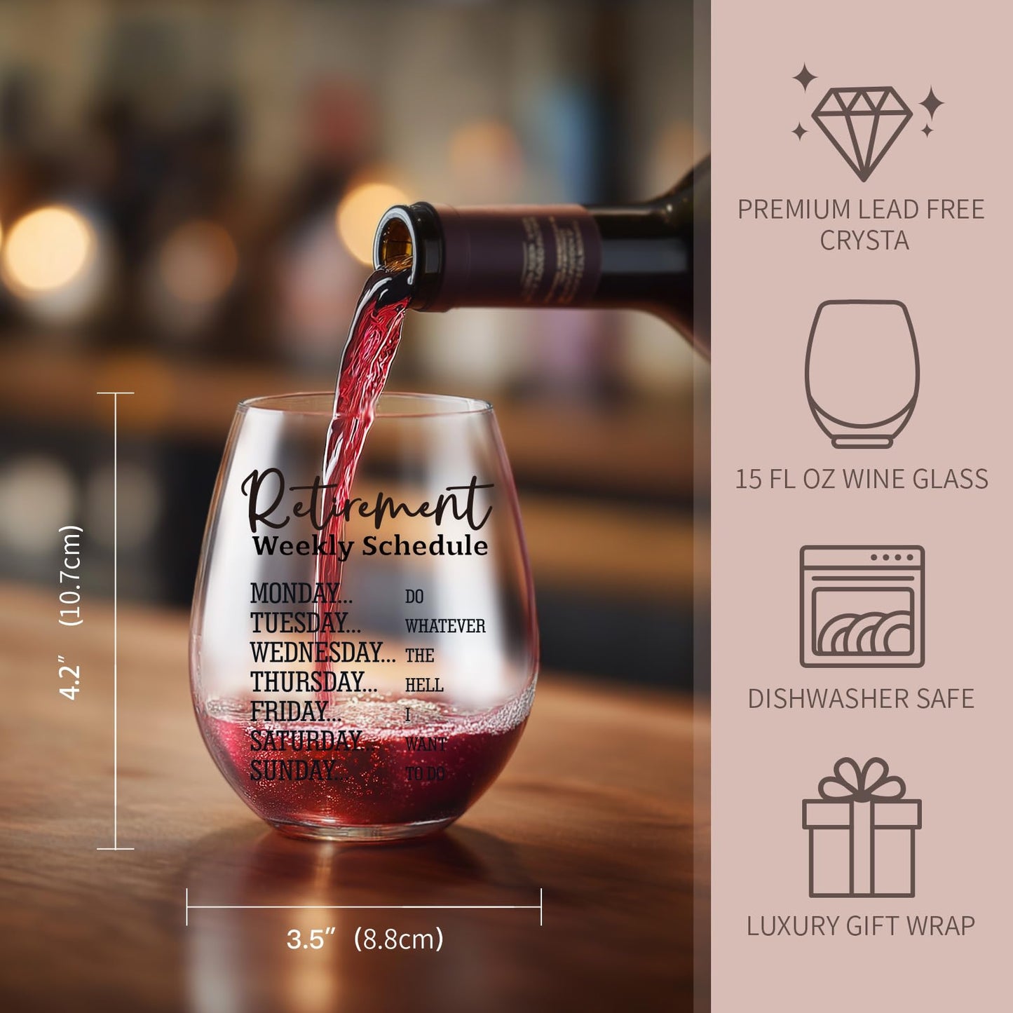 Retirement Gift For Woman – 15 Oz Wine Glass, Funny Weekly Schedule