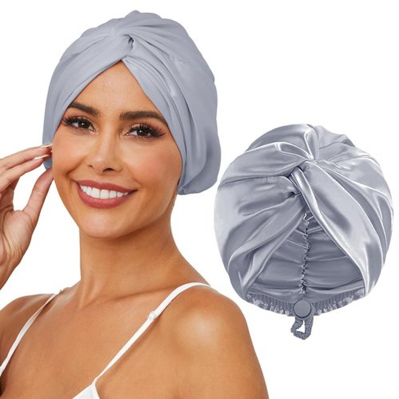 HFRHTGY Adjustable Silk Satin Hair Bonnet for Sleeping, Double Layer Hair Wrap Sleep Cap Turban for Women Men, Curly Straight Hair Long Large Braid Unisex (Silver Gray 95)