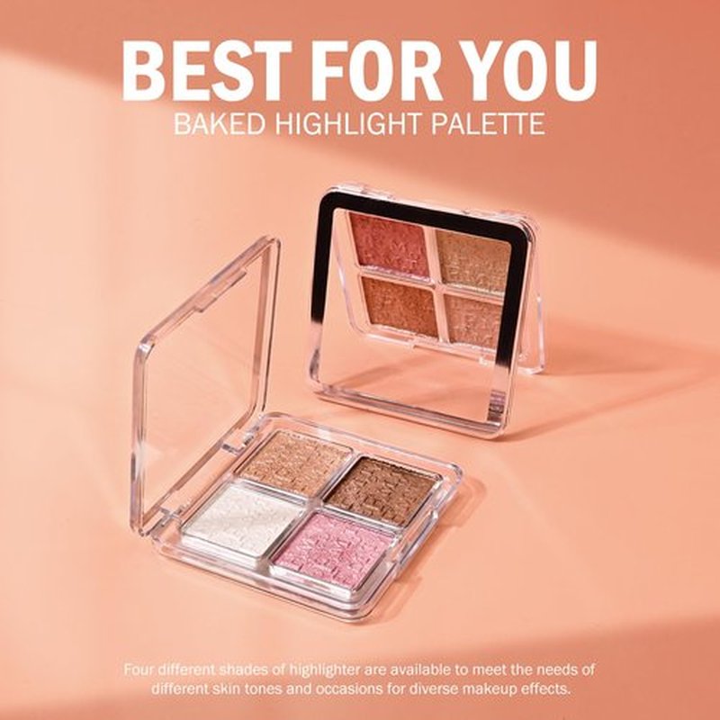 KYDA Baked Powder Highlighter, 4 Color Shimmer Glow Illuminating Powder Palette, Long lasting Face Highlighter Bronzer Makeup Palette for Girls Women-#02