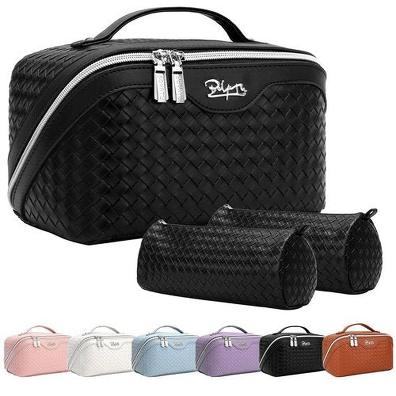 Travel Makeup Bags Cosmetic Organizer Bag: Large Capacity Make up Bag Set of 3 - Vegan Leather Toiletry Bag for Women - Portable Makeup Organizer with Compartments & Handle & Divider (2 Black)