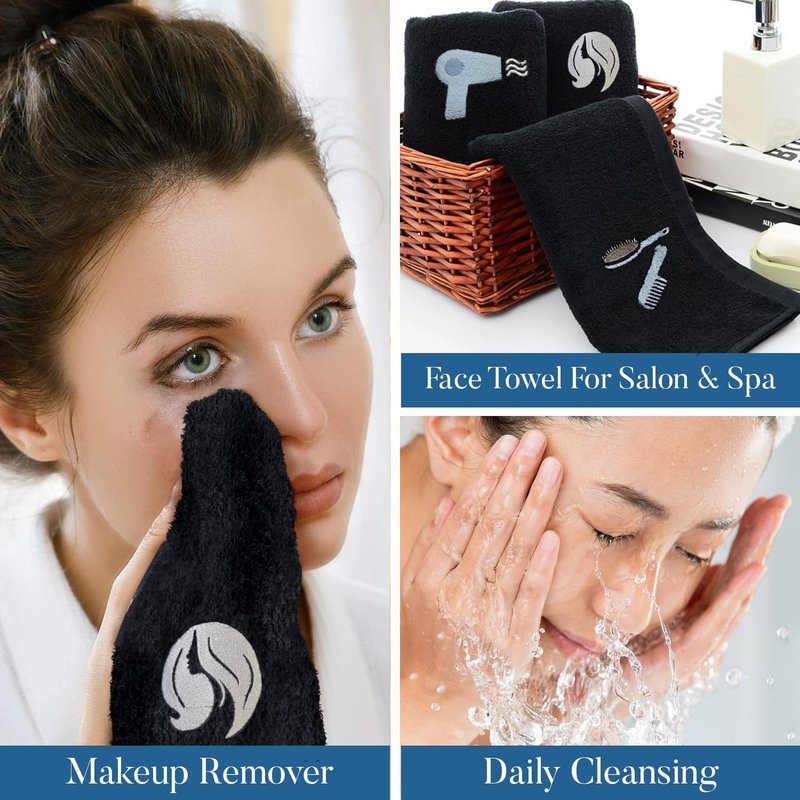 DAN RIVER Black Makeup Towels - Ultra Soft Cotton Face Towels | Pack of 6 (13x13 in) - Reusable & Quick-Dry Makeup Remover Cloths for Spa & Salon