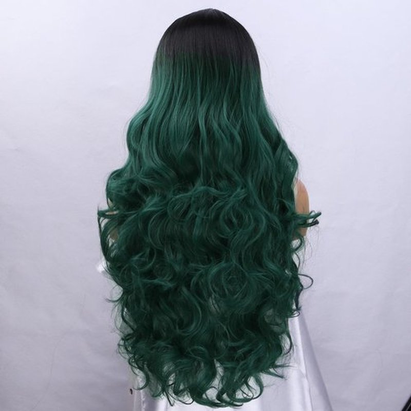 RightOn Green Wig Long Wavy Wigs for Women Ombre Dark Green Wigs Long Curly Wig Synthetic Wigs Dark Roots Green Hair for Cosplay Party and Halloween