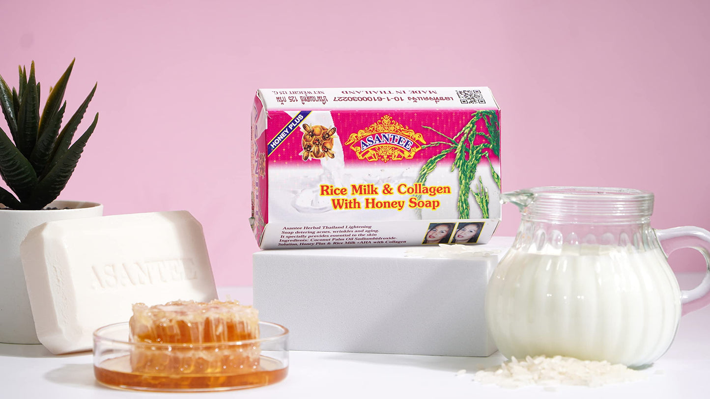 ASANTEE Rice Milk with Collagen and Honey Soap - Luxurious Body Soap for Soft, Clear, and Radiant Skin - Scent Long-Lasting (Pack of 6)