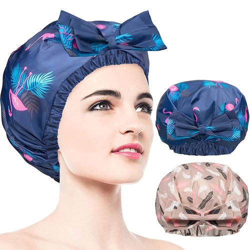 2 PCS Shower Caps, Reusable & Extra Large & Adjustable & Double Layer Waterproof Bow Knot Hair Reusable Cap for Women, Waterproof Outer & EVA Lining, for Shower, Spa, Makeup