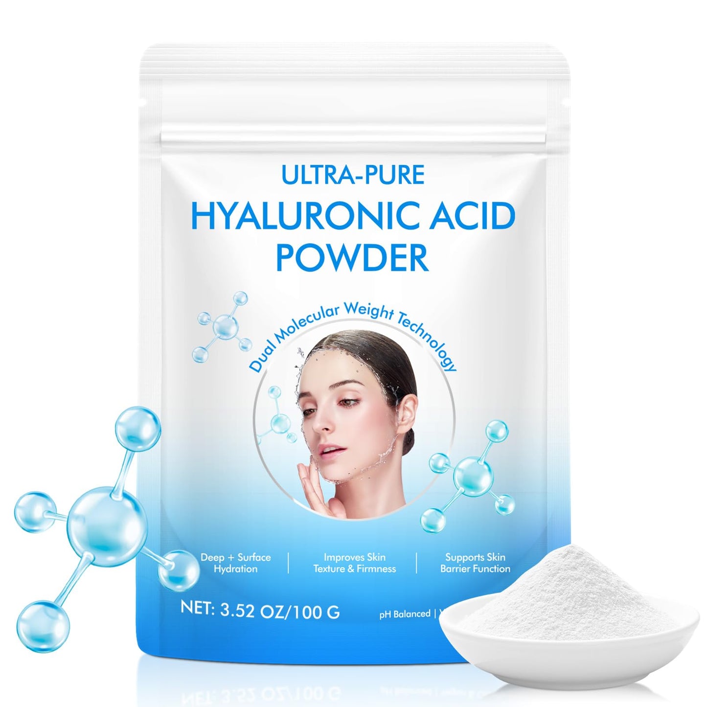 Hyaluronic Acid Powder, Deep + Surface Hydration Dual Molecular Weight Hyaluronic Acid Serum Powder, Improves Skin Texture & Firmness, Organic Moisturizing Ingredient for DIY Facial Serum, 100g