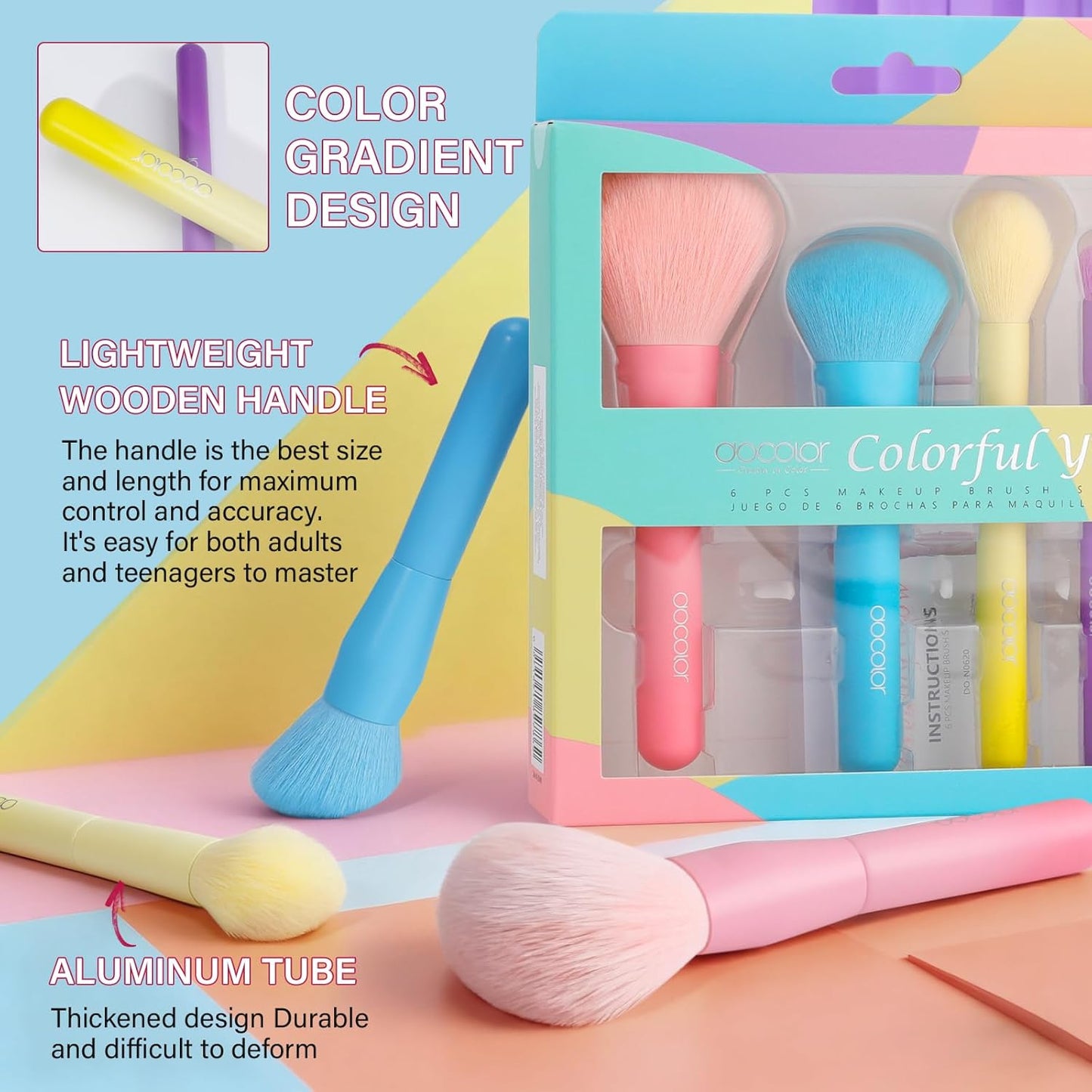 Docolor 6 Piece Makeup Brush Set - Full Face & Eye Application | Cruelty-Free, Vegan Mini Brushes