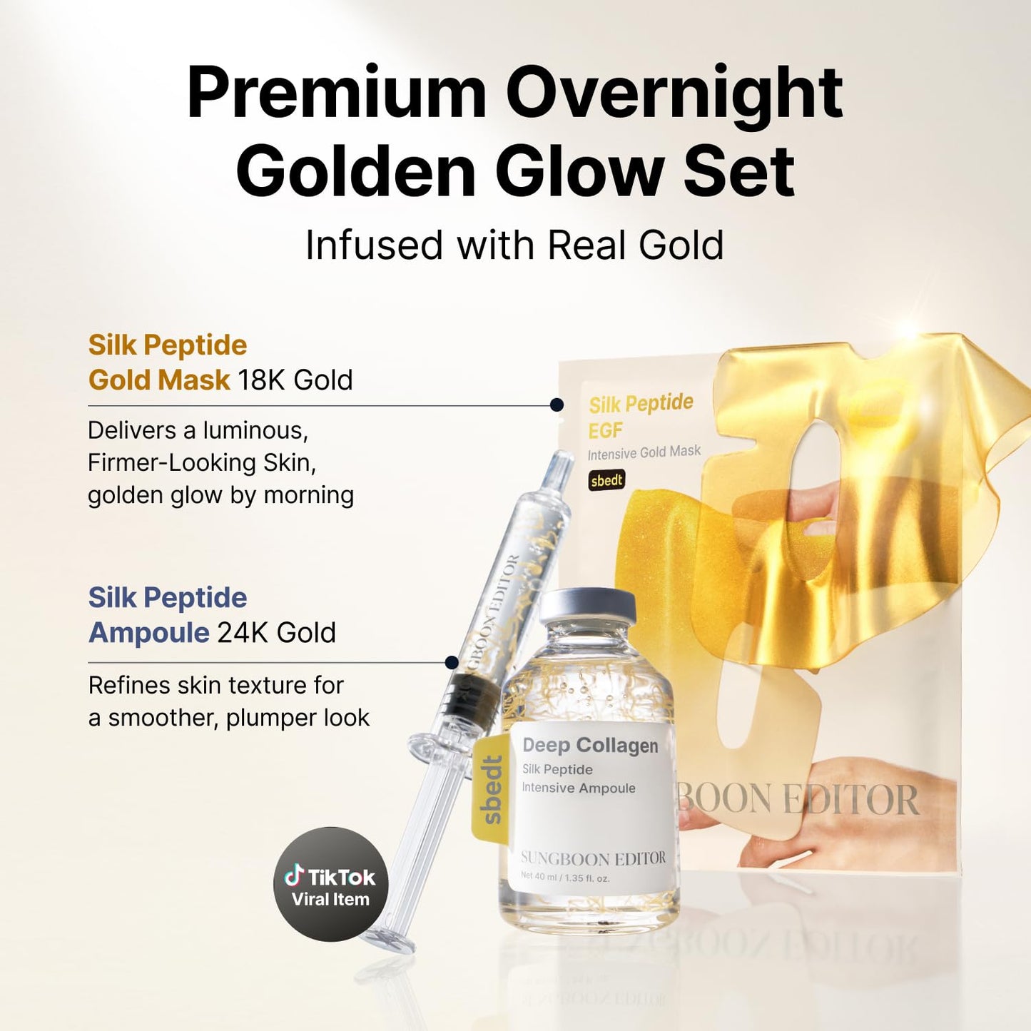 SUNGBOON EDITOR Premium Golden Glow Set, Silk Peptide Ampoule and Gold Mask Set with 24K Gold, Copper Peptides, 30 Peptides, Overnight Hydration and Radiance Care, Korean Skincare Gift Set