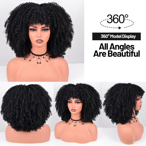 Vitorish Afro Curly Wig with Bangs 12 Inches Synthetic Afro Wigs for Women about 280g/Piece Heat Resistant Black Short Kinky Curly Wigs for Daily Party