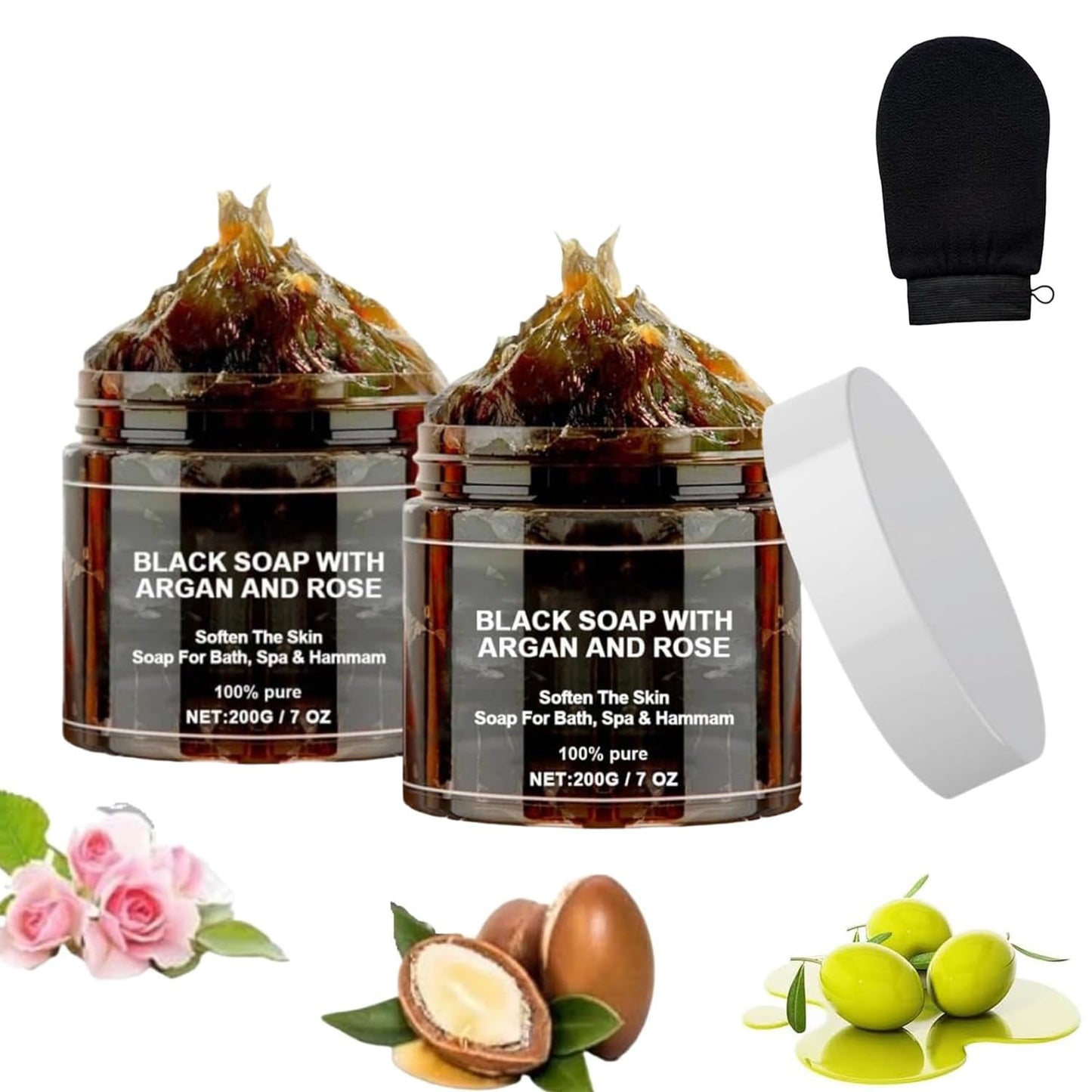 Dragon Honor Morocco Black Soap With Argan And Rose, Zawina Morocco Black Beldi Soap(200g/PCS, 2PCS)
