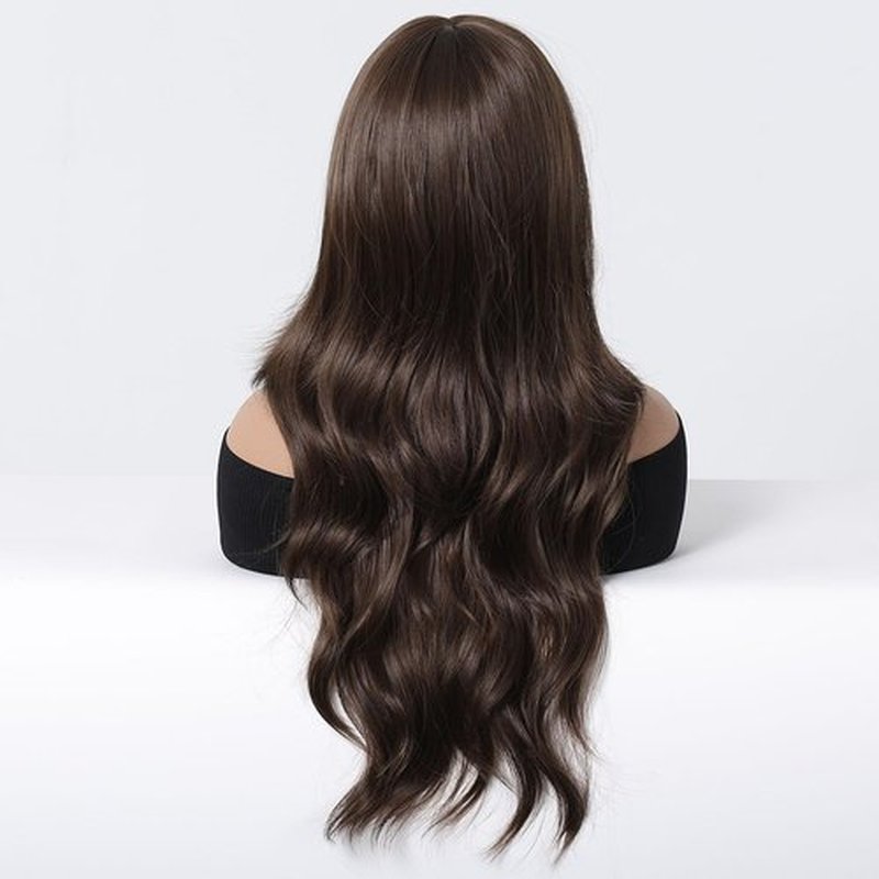 BERON 26 Inches Brown Wig Long Wavy Wig Brown Wig with Bangs Synthetic Wig Long Wig Brown Wigs for Daily Party with Wig Cap