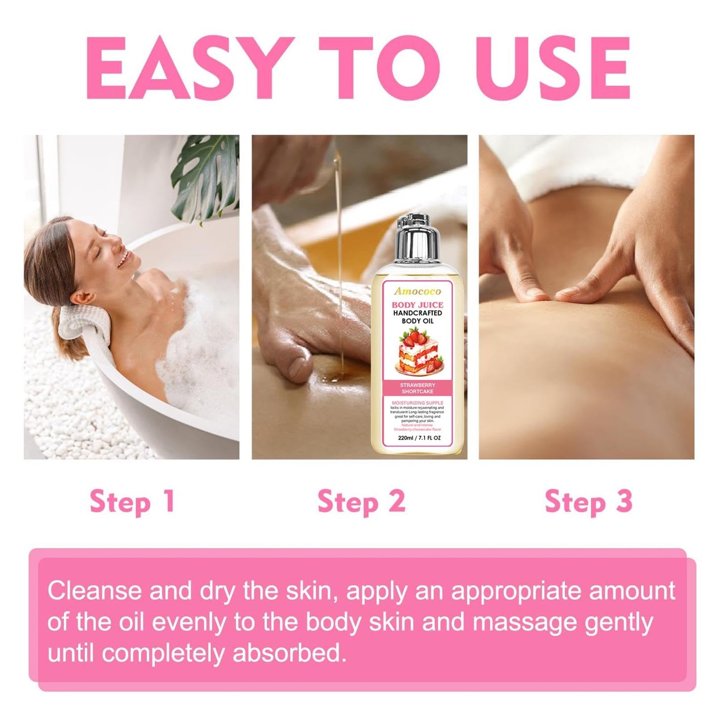 Amococo Strawberry Body Juice Oil, Moisturizing Dry Skin Care with Natural Oils, Lightweight Fast Absorbing Formula for Soft Smooth Skin, 7.1 Fl Oz